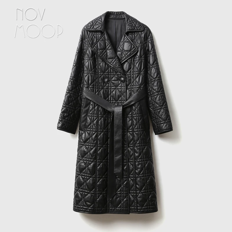 Novmoop luxurious sheepskin genuine leather quilted women long coat solid black formal chic top grade winter overcoat LT3582