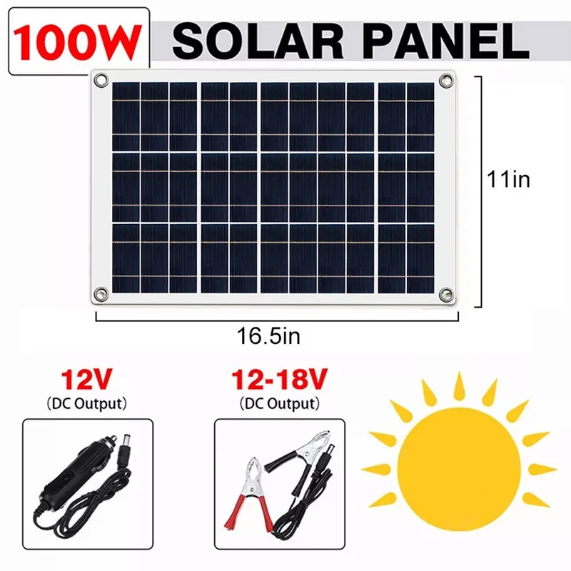 From 20W-100W Solar Panel USB Portable Waterproof 12V Solar Charger Outdoor Mobile Power Battery Sun Hiking Phone Charging