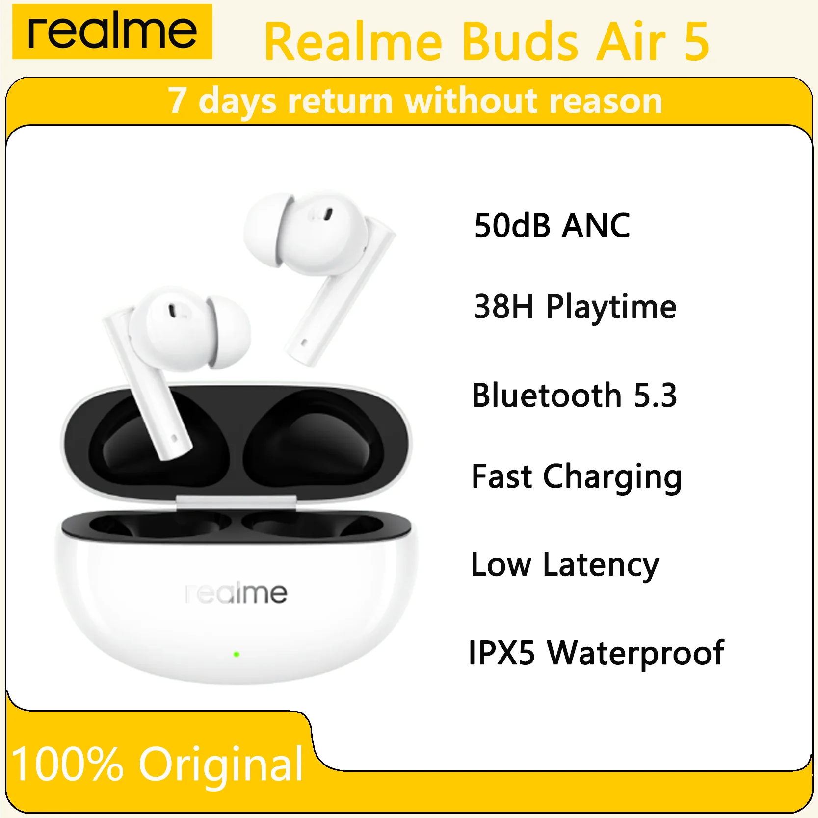 

Original OPPO Realme Buds Air 5 AI 50dB ANC Bluetooth 5.3 Earbuds, 30H Playtime, IPX5 Waterproof, HiFi Sound, Fast Charging.