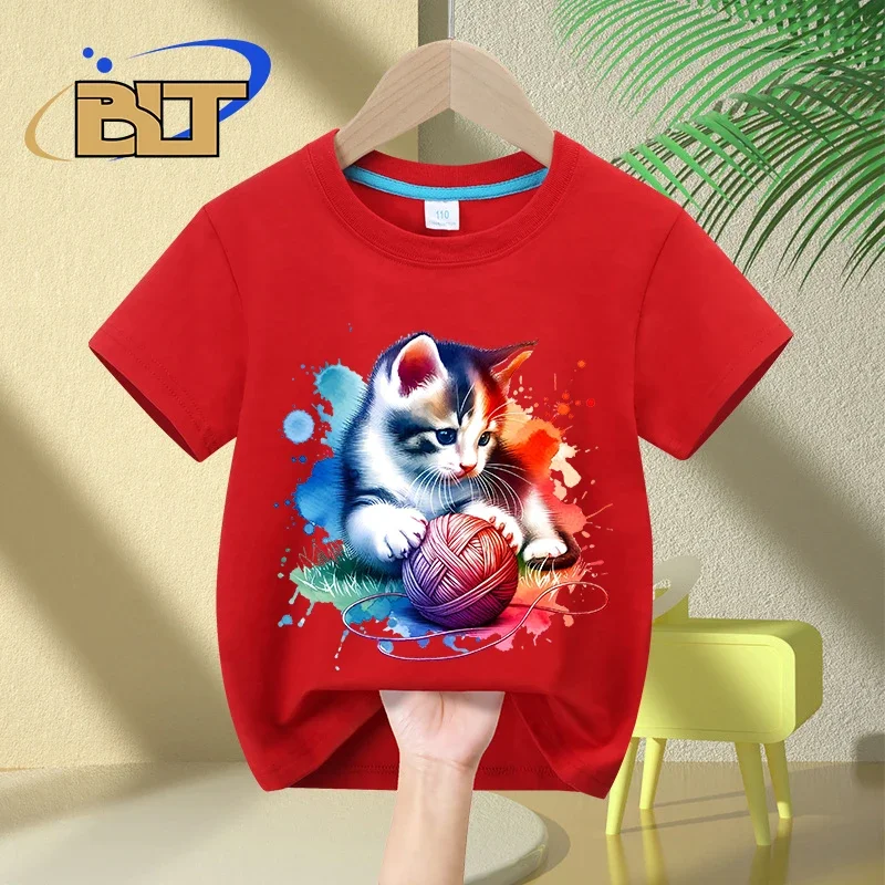 Camiseta con estampado de gatito juguetón de acuarela para niños, tops casuales de manga corta de algodón para niños y niñas, Verano