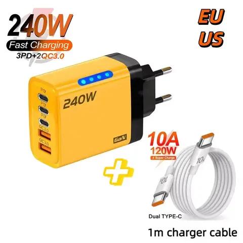 Caricatore USB C 5 in 1 da 240 W Caricatore da muro UE/USA/Regno Unito a ricarica rapida per iPhone Samsung Xiaomi Tipo C Adattatore di alimentazione per telefono a ricarica rapida