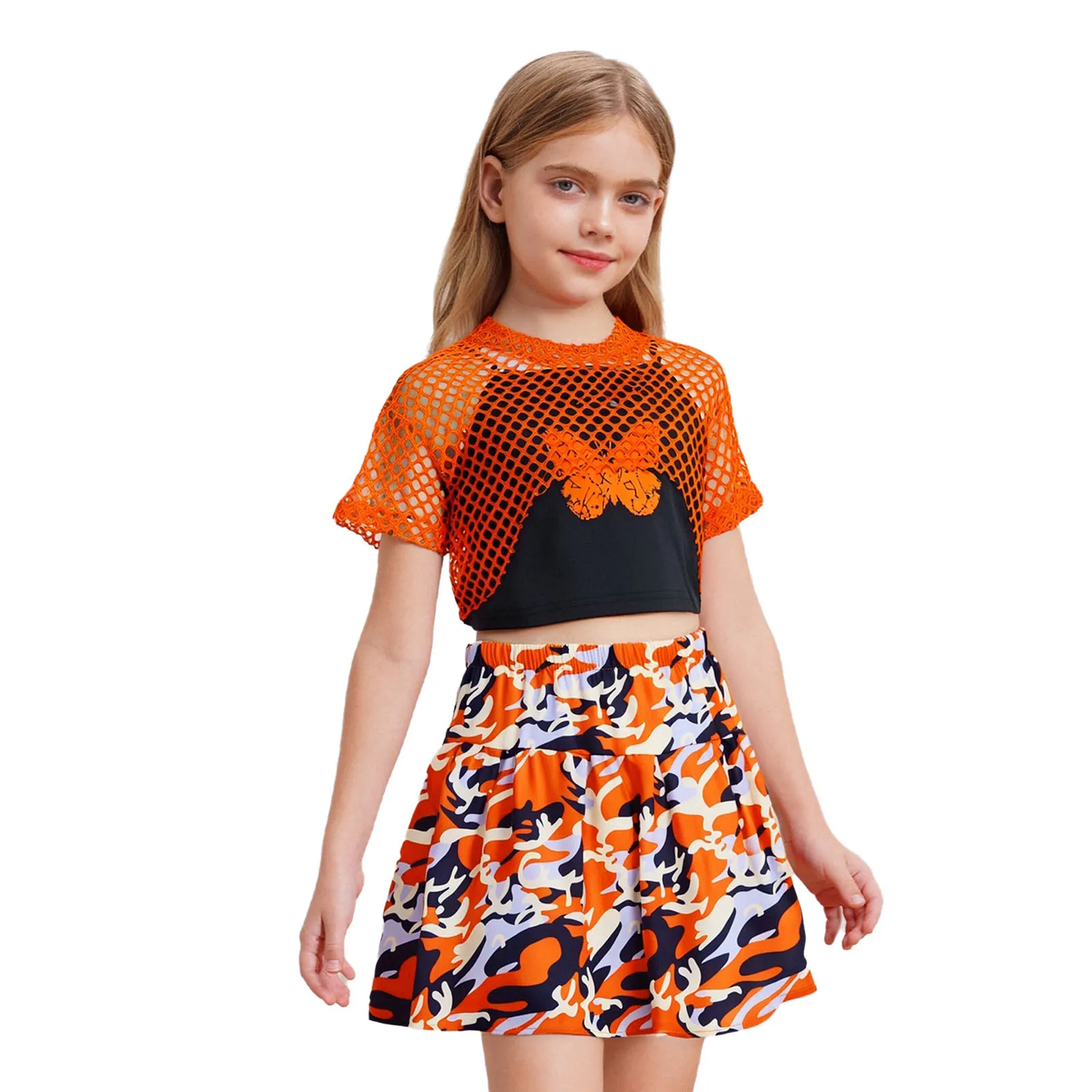 

Kids Girls 3-Piece Fashion Outfit Summer Short Sleeve Hollow Out Mesh Crop Top+Butterfly Printed Vest+Camouflage Pleated Skirt