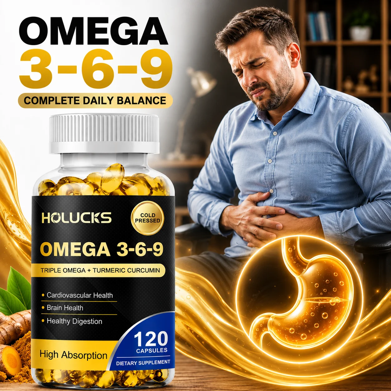Omega 3‑6‑9 with Turmeric Curcumin Fish Oil Flaxseed Sunflower Oil, Support Vitality, Brain Focus & Joint Flexibility for Adults