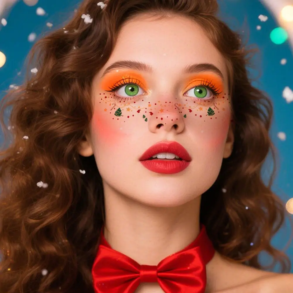 6 قطع من ملصقات النمش المزيفة الكرتونية للنساء، وشم مؤقت لامع لعيد الميلاد المقاوم للماء لمهرجان مكياج الوجه ﻿ حفلة ﻿