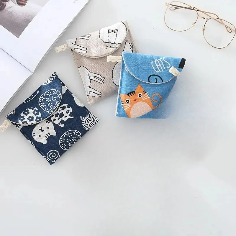 

3 pcs Kawaii cartoon cotton and linen sanitary napkin bags, portable women's sanitary tampons, and menstrual product storage