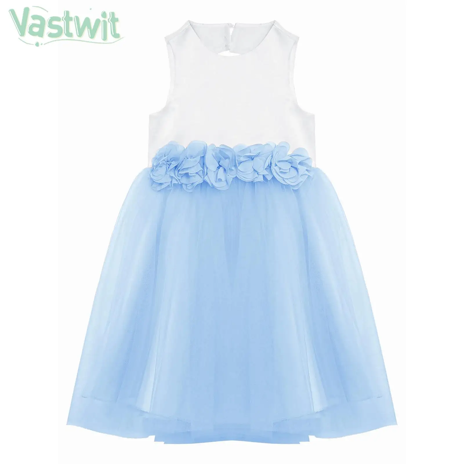 

Kids Girls Sleeveless Applique Mesh Tutu Princess Dress Elegant Sweet Baptism Birthday Party Wedding Prom Banquet Ball Gown