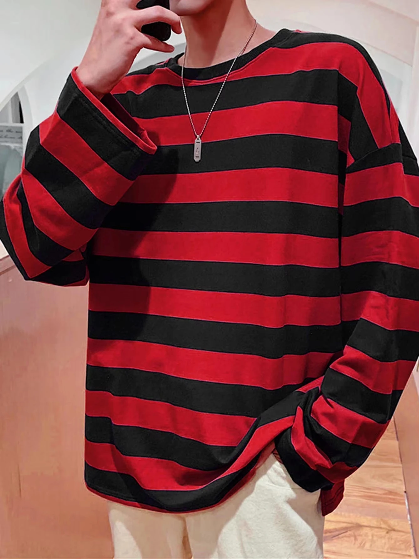 2026 Neuer Stil Unisex Kinder Erwachsene Langarm T-Shirt Rot Schwarz Horizontal Gestreift Rundhals Locker Lässig Streetwear Oberteile – Detail 4