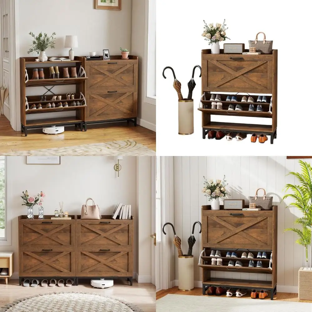 

Space-Saving Rustic Shoe Cabinet for 12-16 Pairs, Metal Handles, Top Shelf for Bags and Decor (Brown)