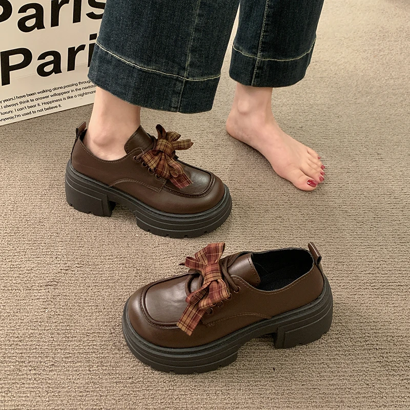 

Thick-soled Square-toe Round-top Lace-up Waterproof Platform Versatile Comfortable Anti-slip Breathable Women's Single Shoes