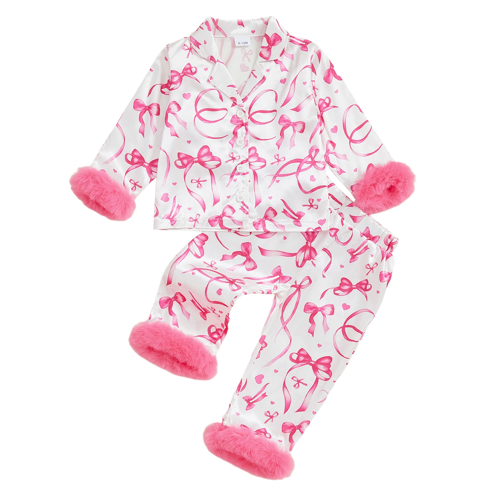 

Girl Valentine s Day Satin Pajamas Set Bow Print Lapel Long Sleeve Button Down Tops with Pants Sleepwear