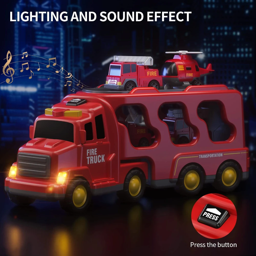 WizKidz Fire Toys for Kids 5 in 1 Carrier Truck Transport Friction Power Vehicles per ragazzi e ragazze dai 3 ai 9 regali di compleanno