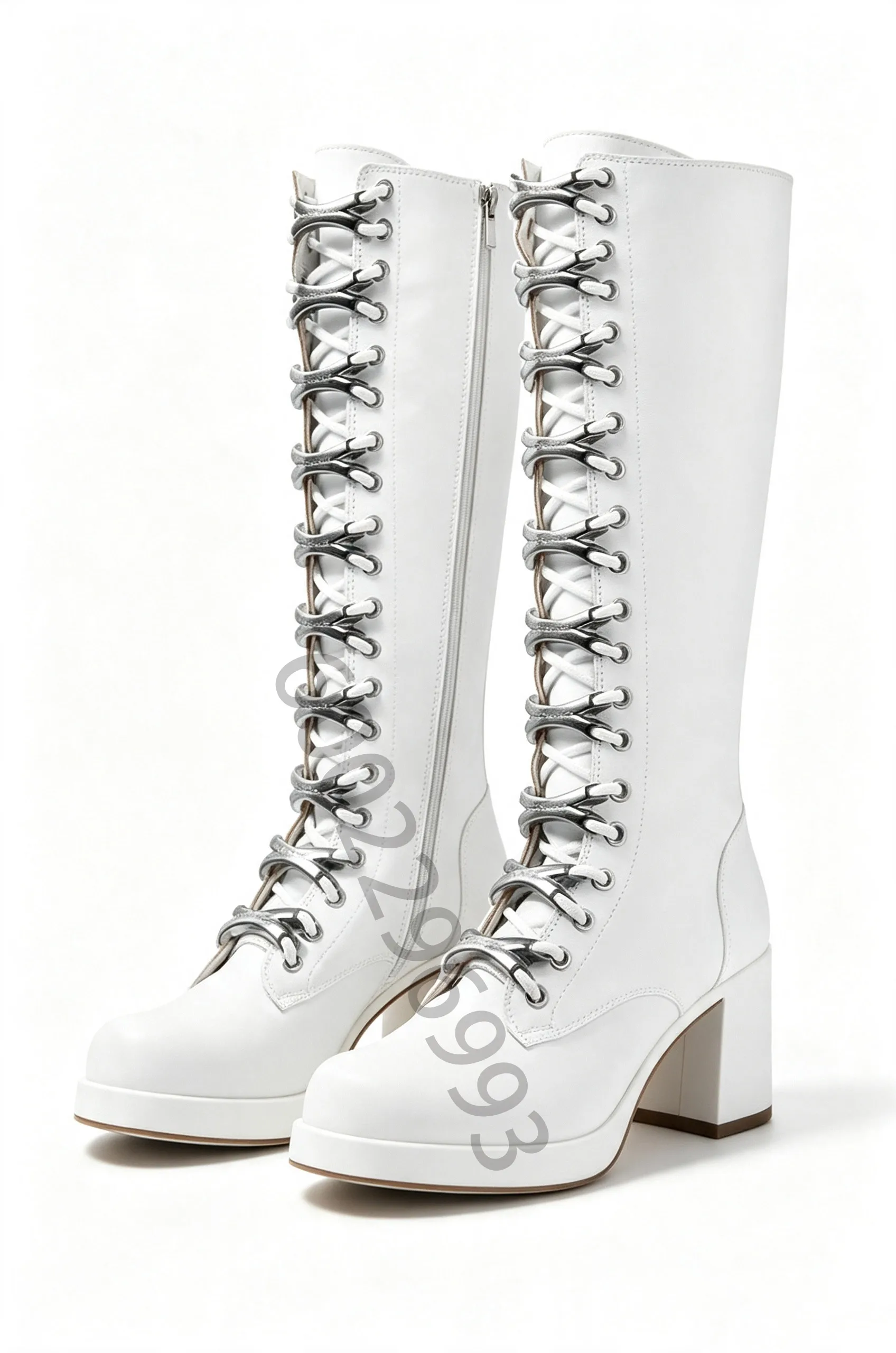 White Chunky Heel Knee-High Knight Boots, Multi-Row Metal Eyelets, Lace-Up & Side Zipper,Women Versatile Elegant Shoe