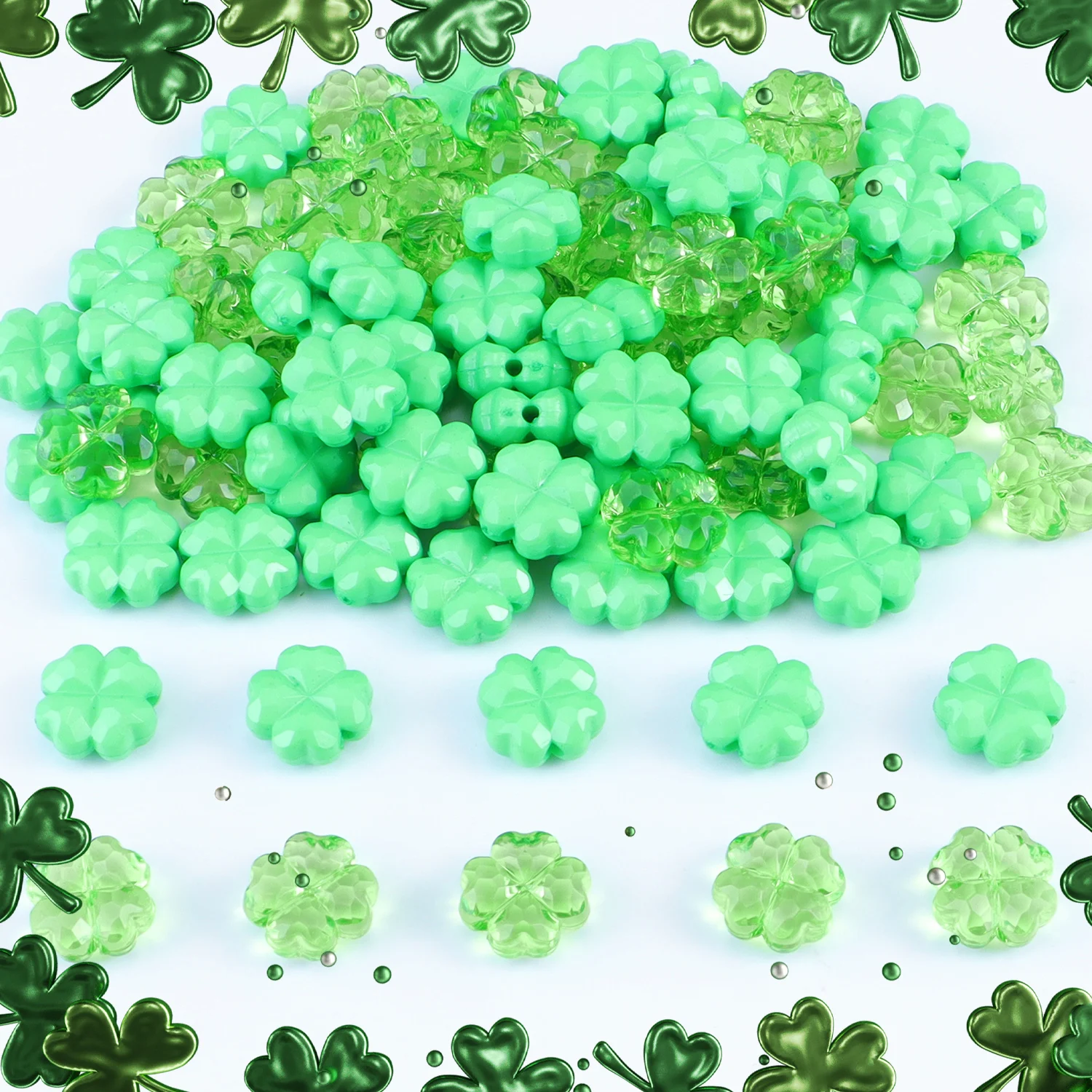 100pcs Saint Patrick\'s Day Acrylic Beads Lucky Faceted Clover Transparent Green for Home Party Decor Jewelry Necklace Making