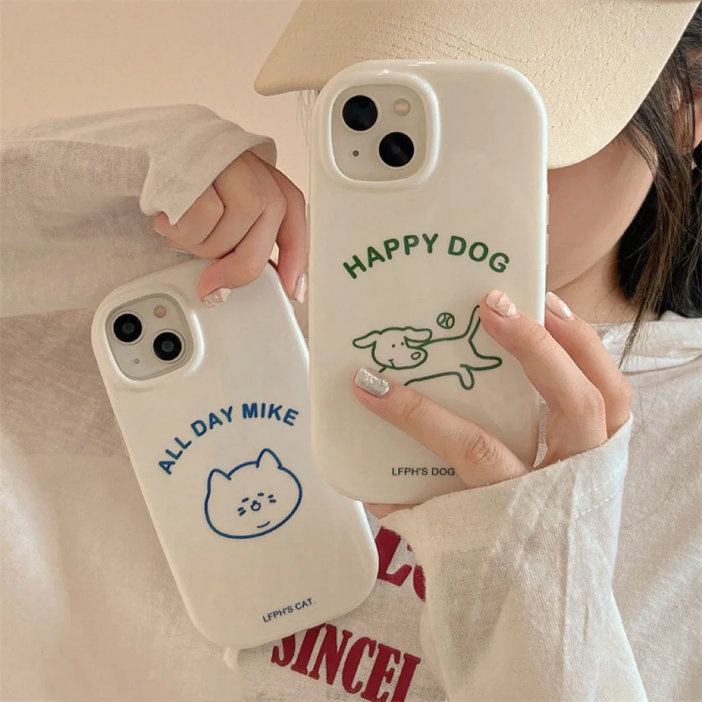 Luxury Cute Hand Drawn Cartoon Cat Puppy Phone Case For iPhone 15 Promax 11 12 13 14 15 16 Phone Cover For iPhone 16