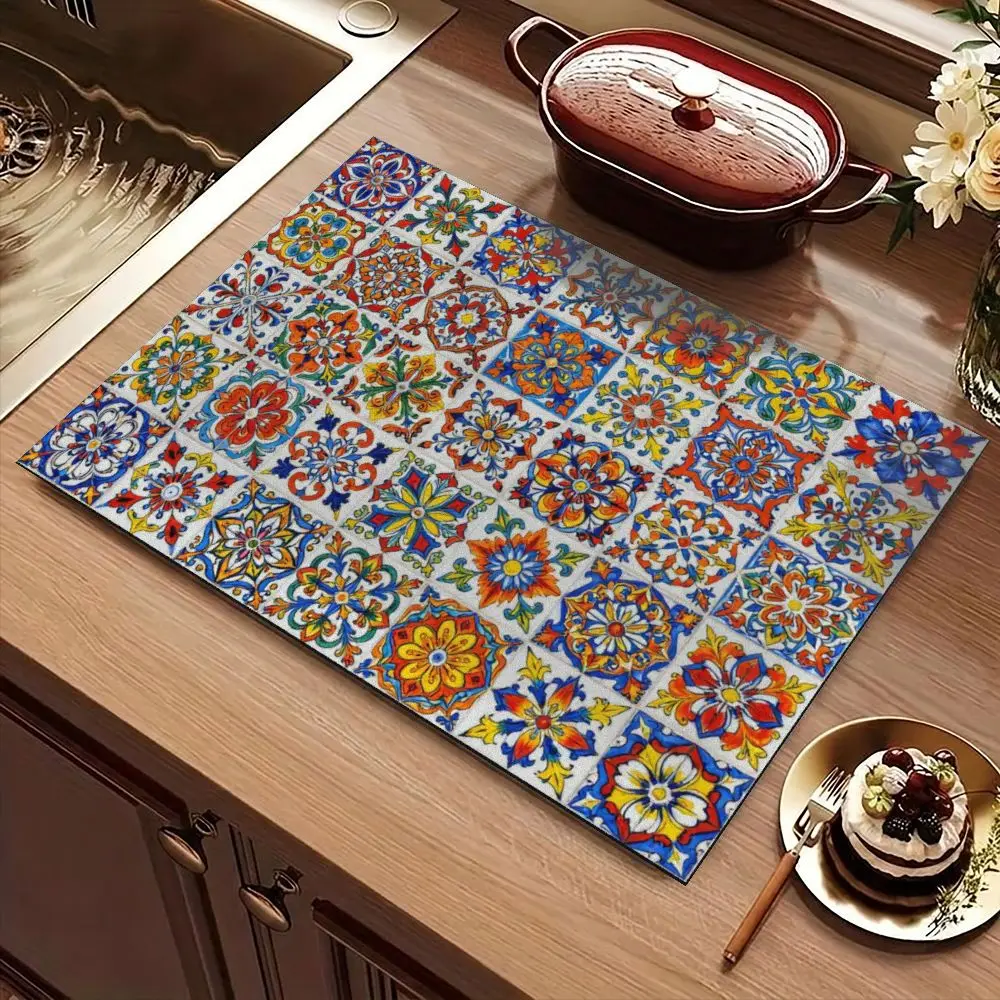 Kitchen Drying Pad Super Absorbent Boho Tile Floral Coffee Bar Counter Mat Quick Dry Heat Resistant Dining Table Placemat Pad