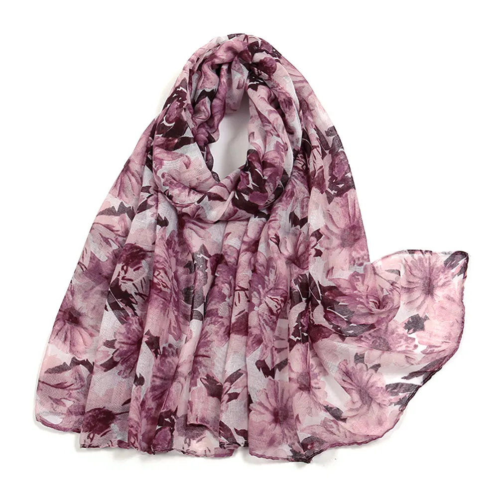 Fashion Flower Print Long Chiffon Scarf Breathable Big Size Shawl Silk Long Soft Muslim Headband Women