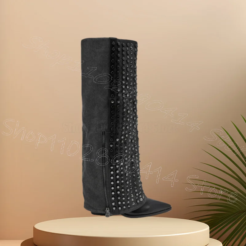 رمادي المسامير الدنيم تحولت أشار تو الأحذية الجانب سستة النساء أحذية كعب عالي مكتنز حفلة يؤرخ 2025 Zapatos Para Mujere