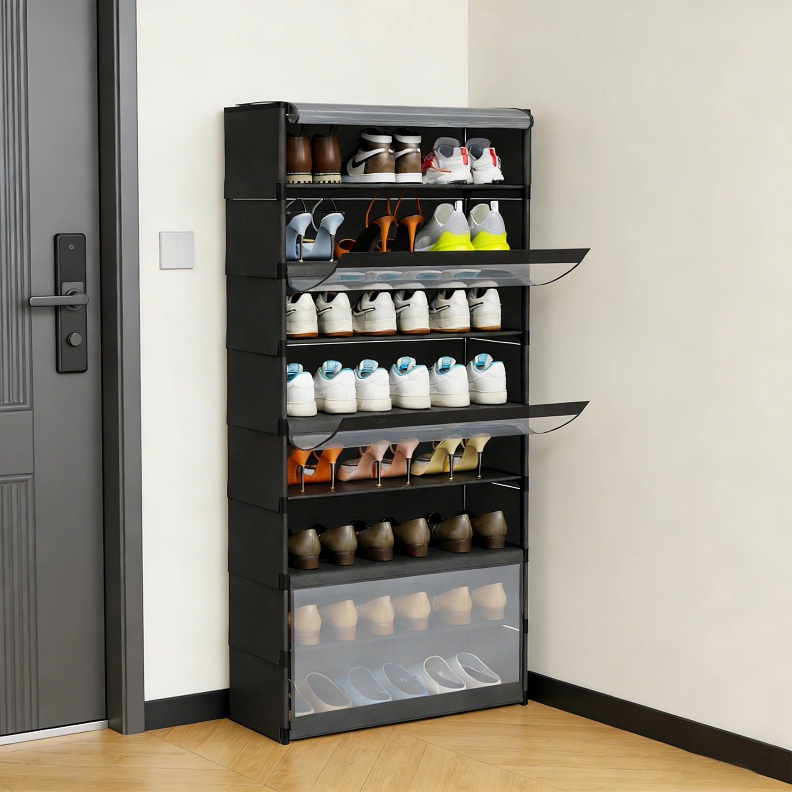 Schuhregal, 8 Fächer, Schuhschrank mit Türen, für 24 Paar Schuhe, Modulares Kunststoffregal, für Eingangsbereich, Schlafzimmer, Flur