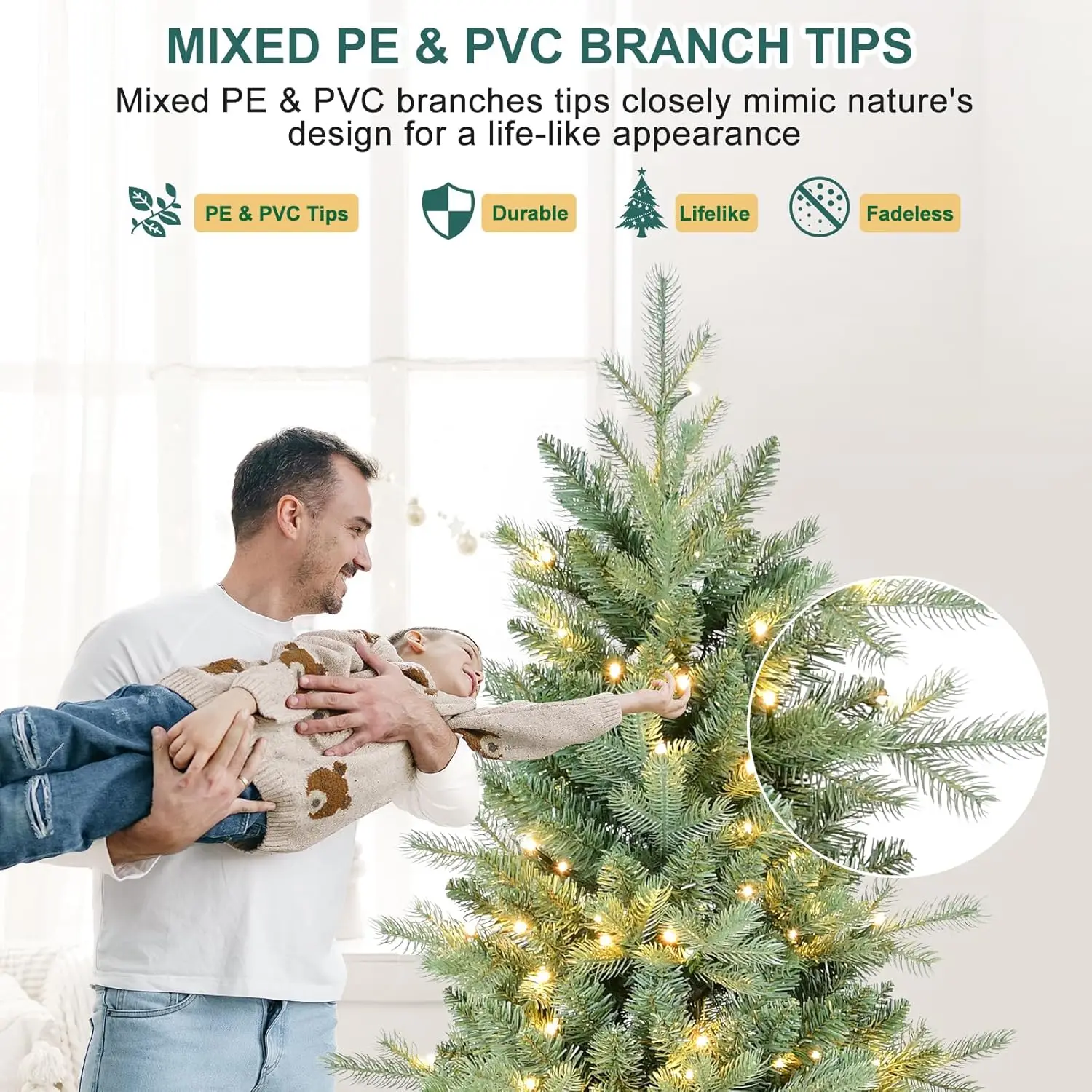 9 FT Prelit Artificial Skinny Christmas Tree,Blue Spruce Slim Pencil Xmas Tree with 2470 PE&PVC Mixed Branch Tips