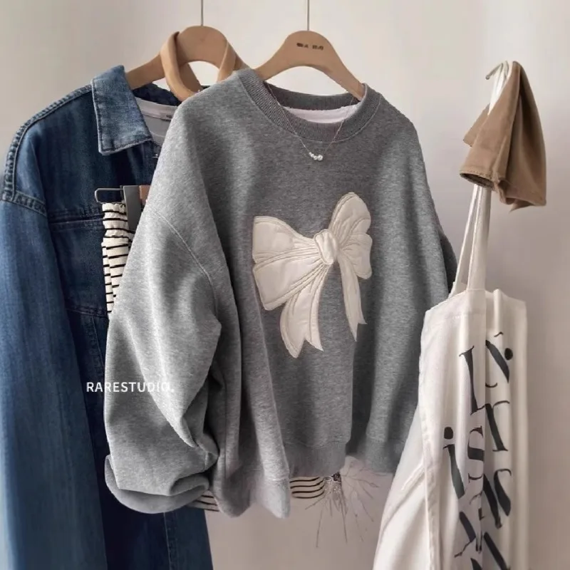 جديد رمادي تنوعا القوس المطرزة جولة الرقبة فضفاضة طويلة الأكمام Hatless البلوز قمة بسيطة #1