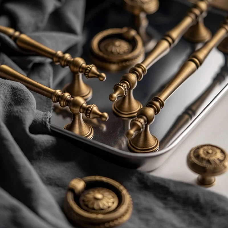 French Retro Brass Handle Wardrobe Door Drawer Cabinet Handles Vintage Furniture Handles And Knobs Bronze Kitchen Cabinet Knob