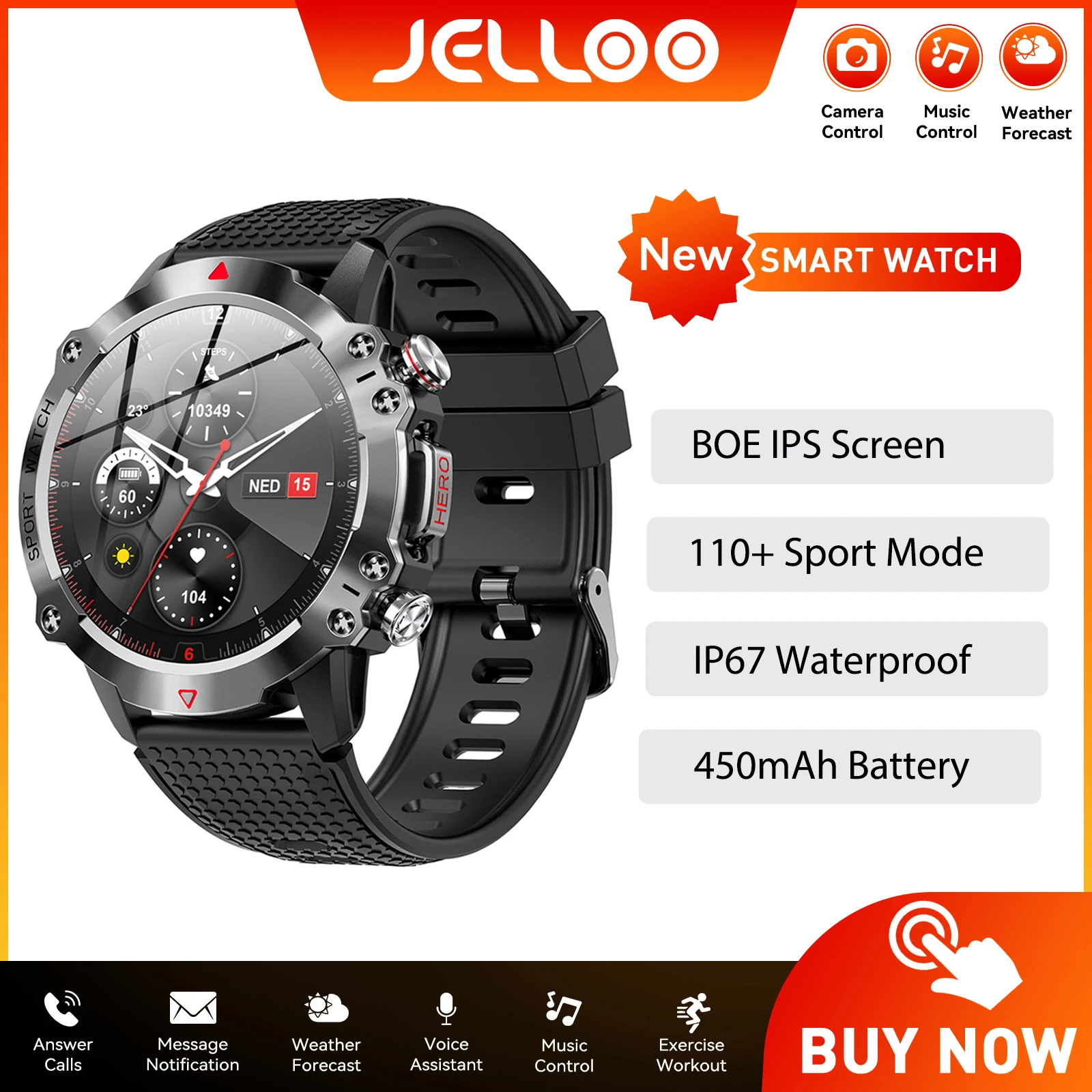 JELLOO Новые умные часы для мужчин, большая батарея емкостью 450 мАч, 100 спортивных режимов и спортивных записей, водонепроницаемые прочные умные часы для фитнеса JELLOO Новые умные часы для мужчин, большая батарея емкостью 450 мАч, 100 спортивных режимов и спортивных записей, водонепроницаемые прочные умные часы для фитнеса