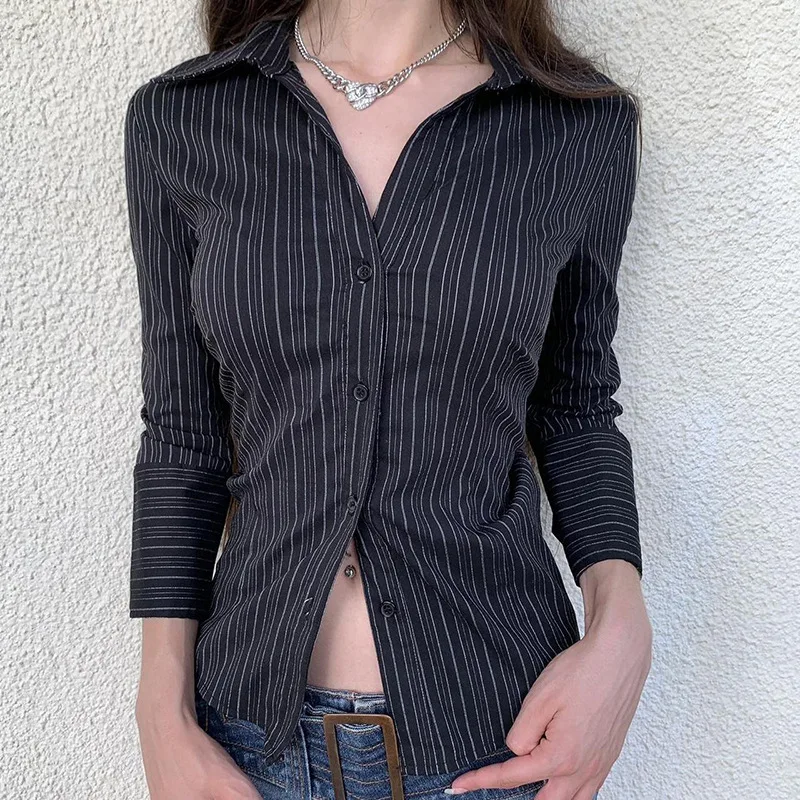 Autumn new style spicy girl retro breasted striped slim fit long sleeved cardigan shirt