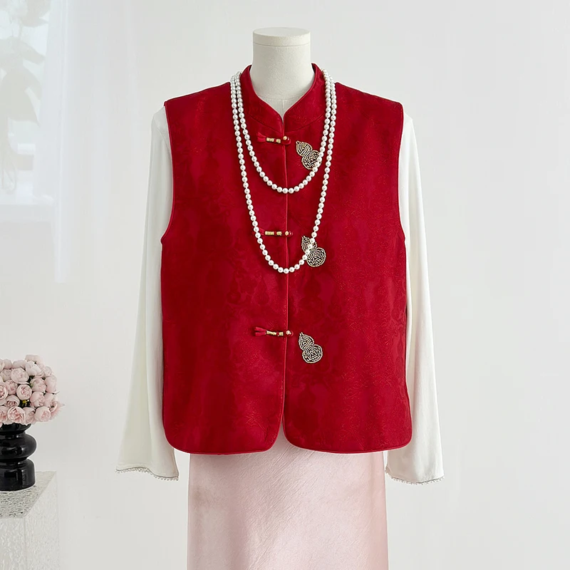 Red Gourd Embroidered Beaded Vest Women's Fashionable Stand Collar Sleeveless Tank Top New Year Style Chinese Cotton Blend