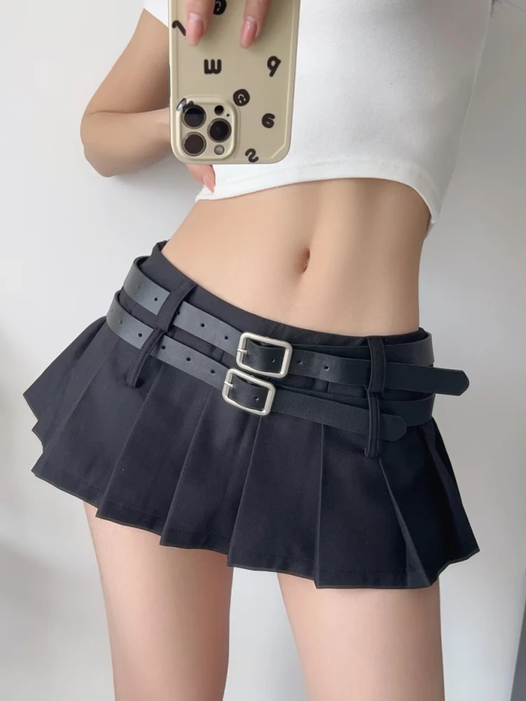 PUWD Casual Women Grey With Double Belt Pleated Mini Shorts Skirts 2023 Summer Vintage Low Waist Solid Color Female Chic Bottoms