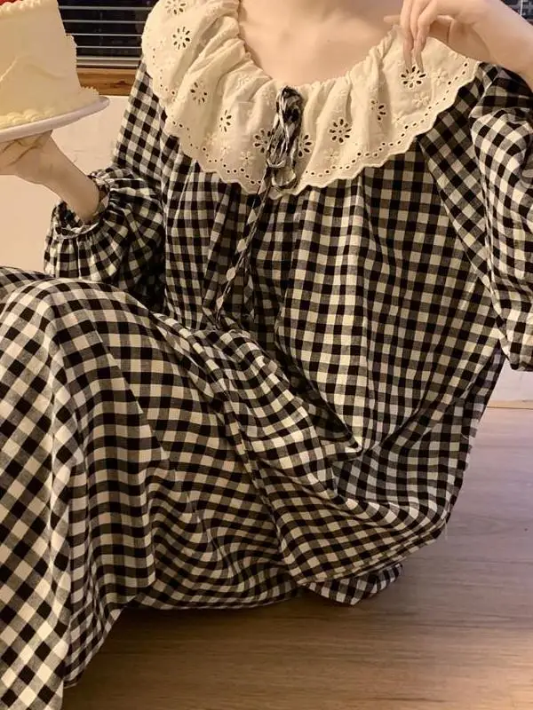 チェック柄寝間着長袖クラウドコットンホーム服セット女の子用春秋アウター快適なソフトラウンドネックホームレジャースタイル 1