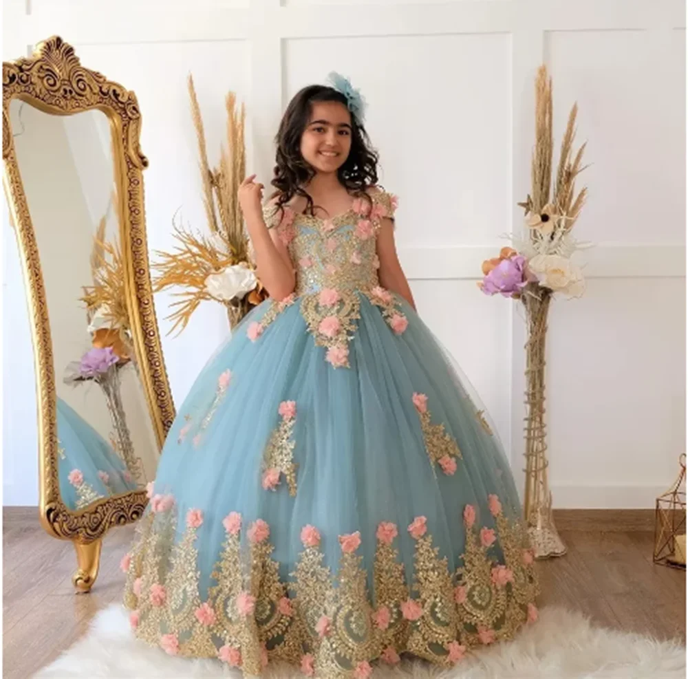 Vestido de princesa de lujo para niñas con flores, tul azul, Apliques de encaje dorado, vestido con hombros descubiertos para boda, cumpleaños, vestidos de primera comunión