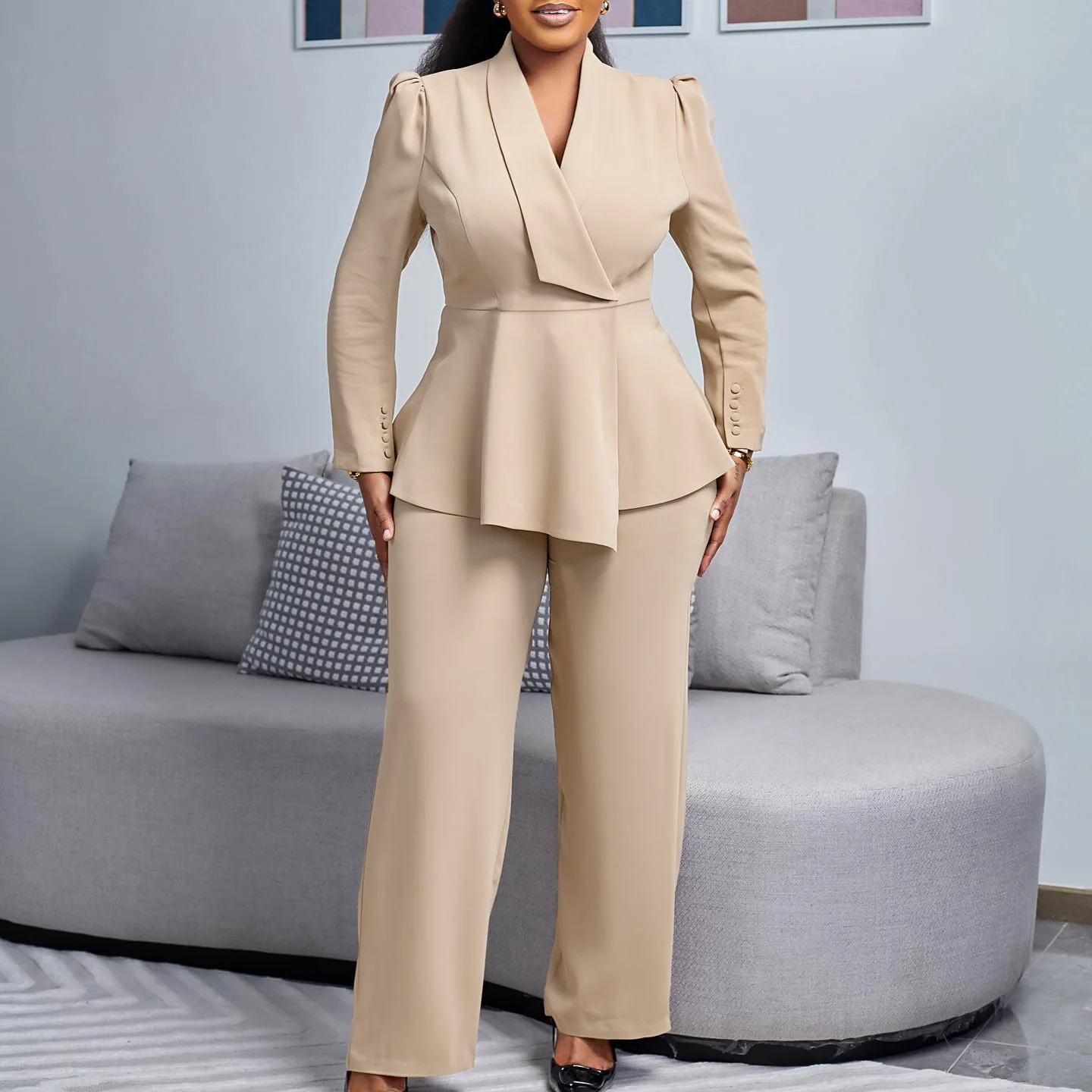 

Women's Winter New Style Fashionable and Elegant Commuter Ruffle Top and Wide-leg Pants African Style Women's Suit