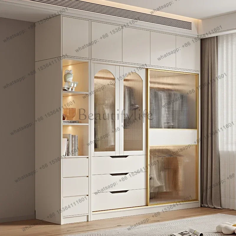 Factory Direct French Cream Wind Wardrobes Home Storage Closet Organizer Sliding Door Wardrobe Glass Comfortable Guarda Roupa Be
