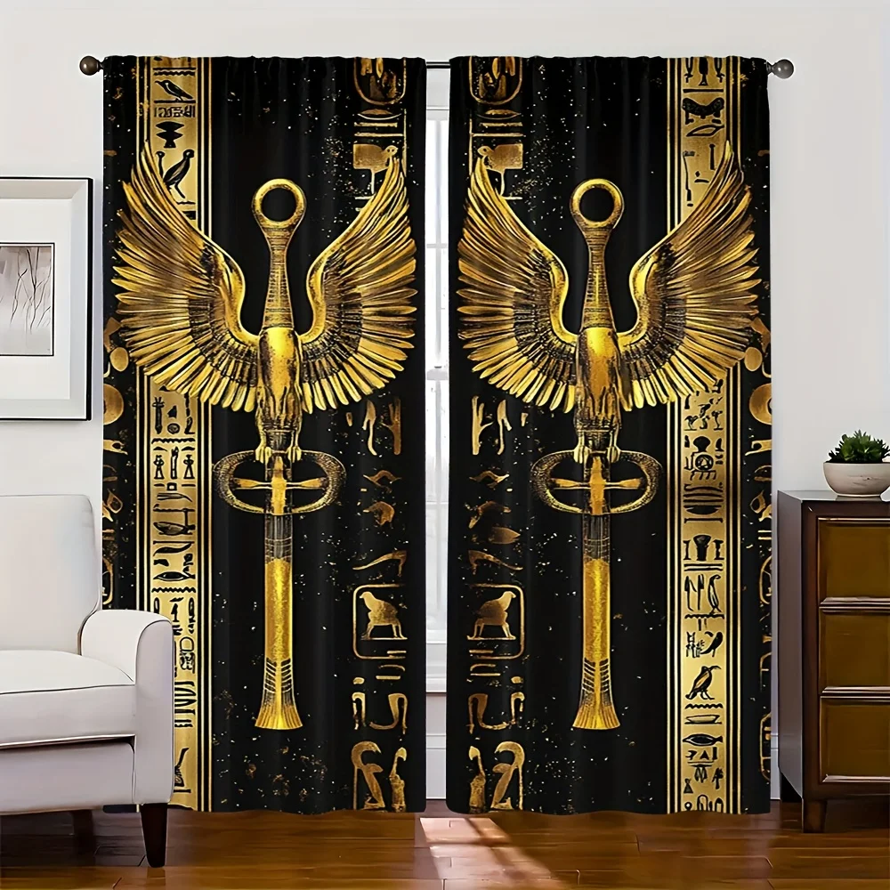 2pcs Egyptian Ankh Winged Symbol Curtains Black Gold Hieroglyphs Ancient Mythology Living Room Bedroom Home Decor Window Drapes