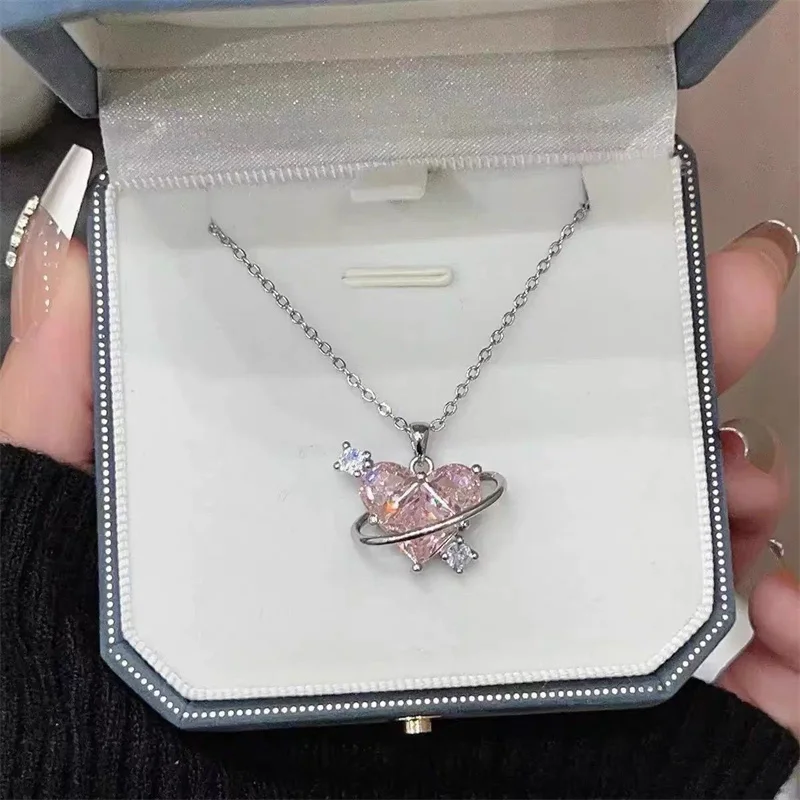 1Pc New Pink Diamond Heart Necklace Girls Light Luxury Delicate Sweet Heart Pendant Necklace Jewellery Accessories Gifts