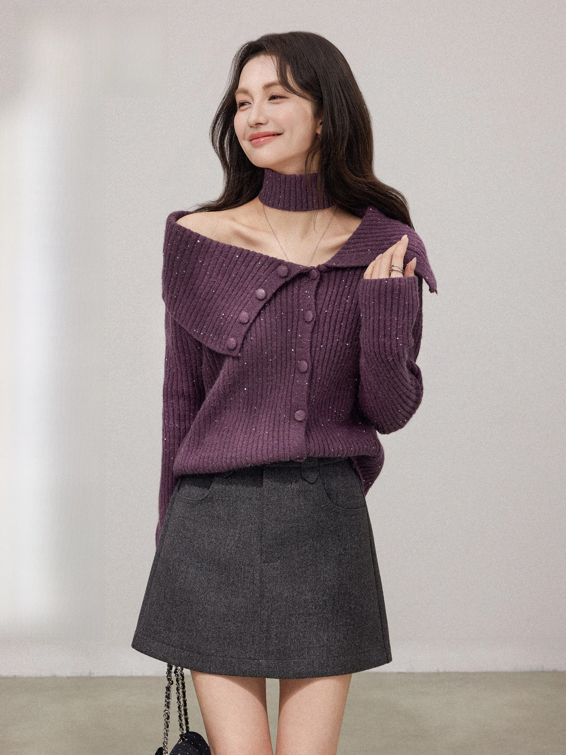 

Женский вязаный свитер Chang Dou Dou с пайетками на одно плечо, фиолетовый, осенне-зимний, элитный, таинственный, красивый, асимметричный топ