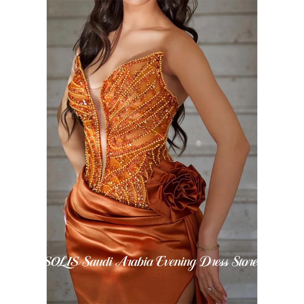 SOLIS Tangerine Party Dress Strapless Evening Dress Beading On Chest Prom Gown with Side Split فساتين سهره Customized