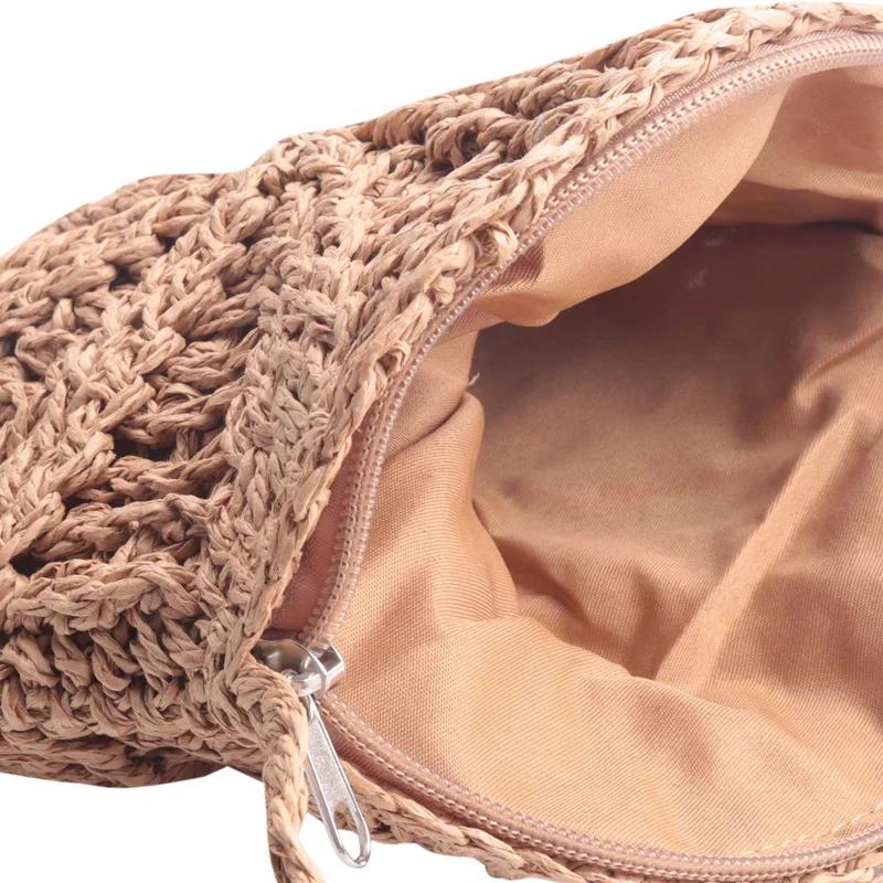 4X rattanowa szydełkowa słomka tkany kosz torebka okrągła Crossbody Shopper torba plażowa (jasnobrązowa)