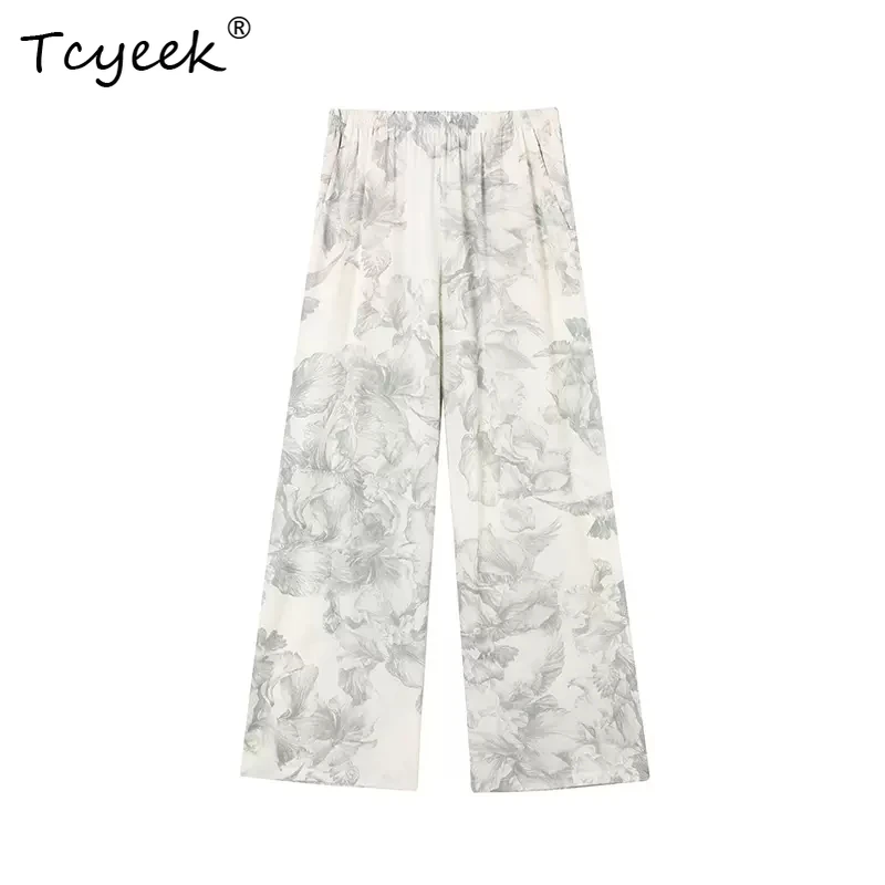 

Tcyeek, 100%Real Silk Elegant Wide Leg Pants, Women Ink Flower, Retro Commute Casual Loose Pants , 2024 Summer New B46225QM