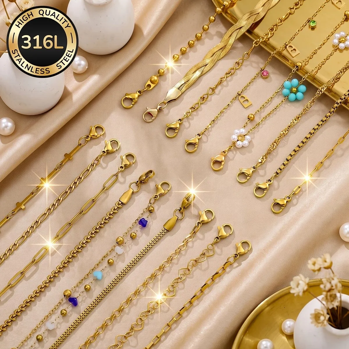 Random 8Pcs Women's 316L Stainless Steel 18K Gold-Plated Bracelets, Waterproof and Fade-Resistant Women's Jewelry, Fashionable and Elegant Women's Accessories, Perfect for Women's Daily Wear and Parties Christmas, Mother's Day, Holidays, Birthday Gifts