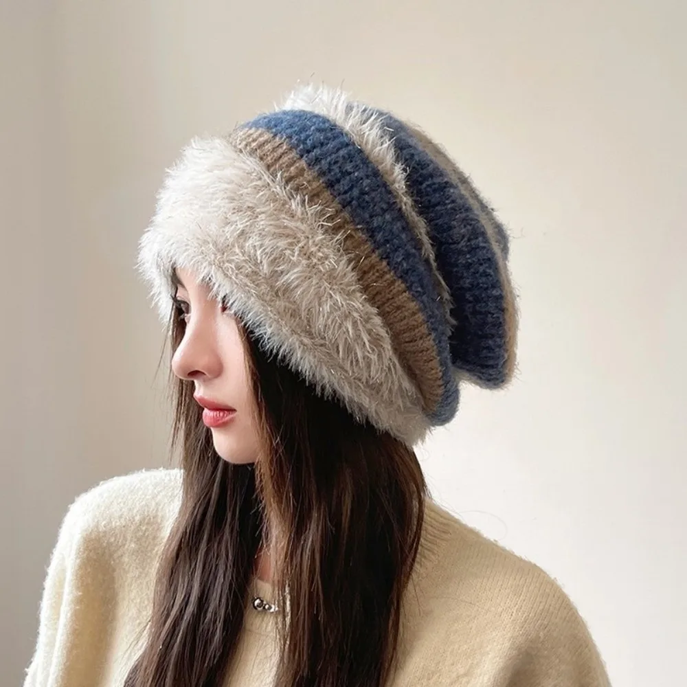 Elasticity Winter Slouchy Beanie Thick Knit Warm Plush Thick Knit Pullover Hat Fleece Lined Lightweight Stacked Hat Women