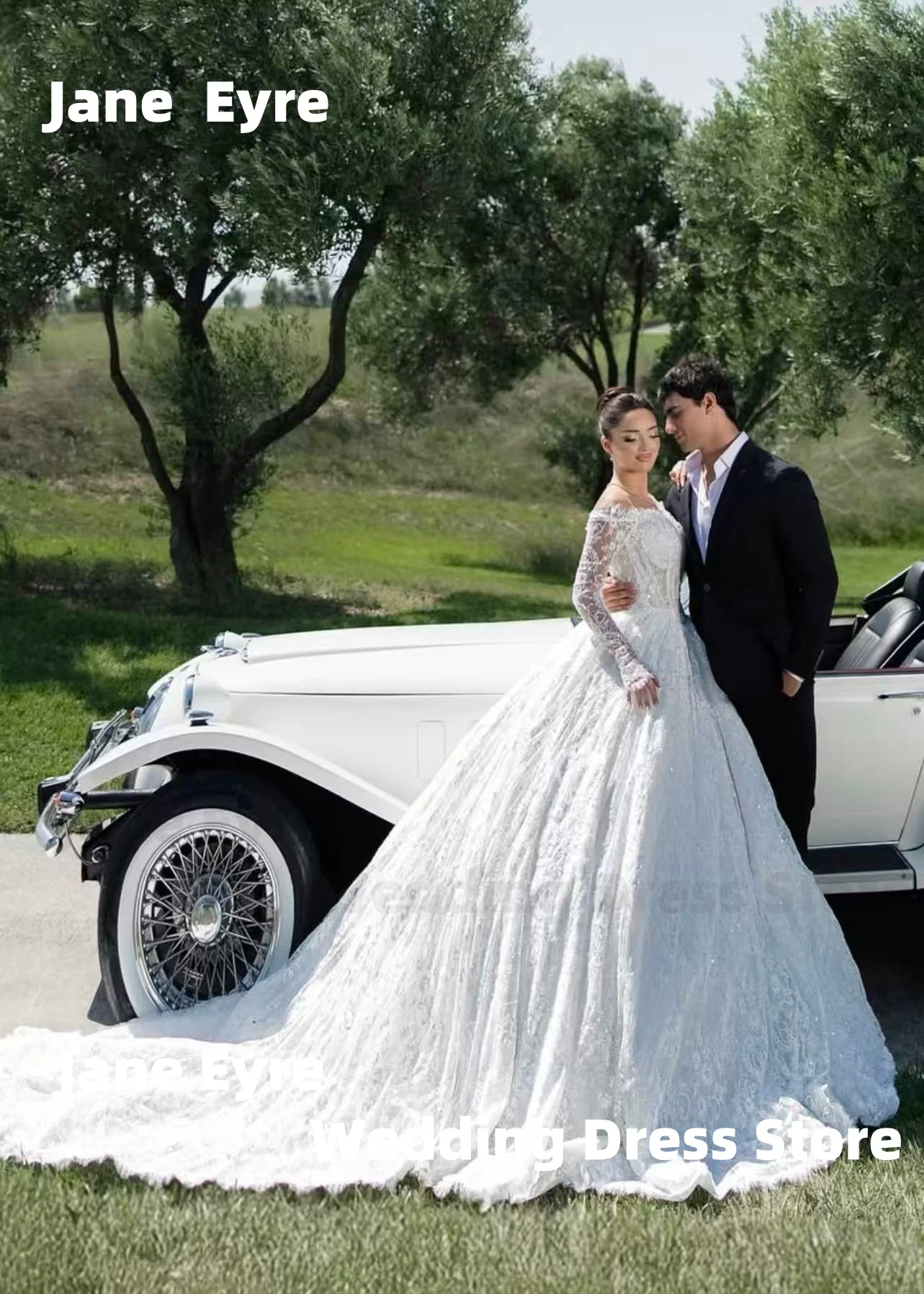 فستان زفاف جين آير فاخر بأكمام طويلة رداء نسائي سباركلي بدون أكتاف سويب تراين لحفلات الزفاف فيستدو دي نوفيا #1