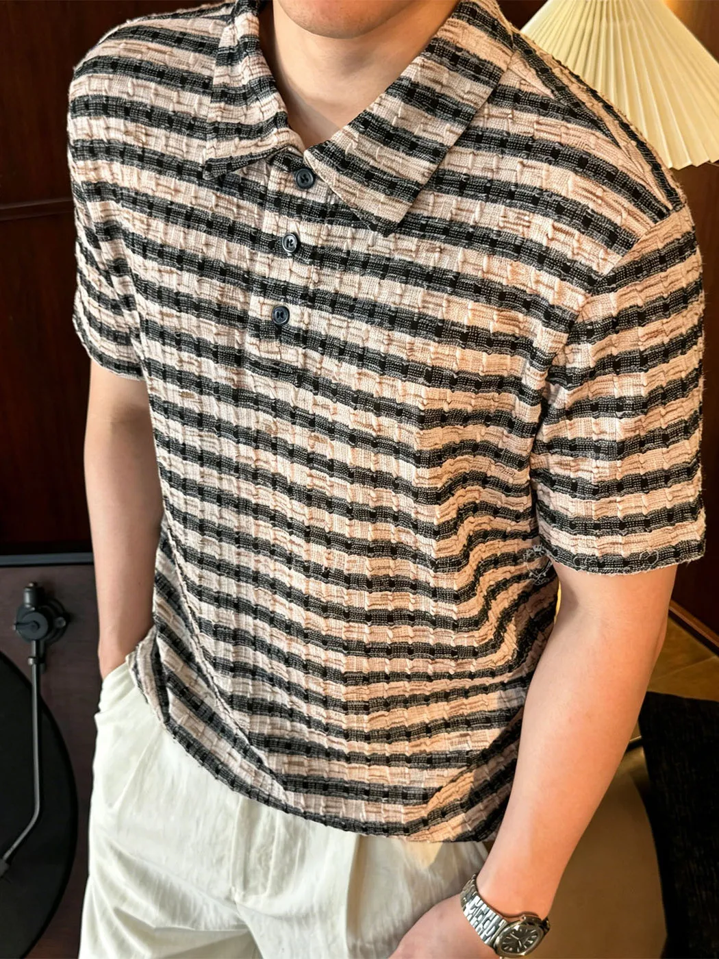 British Luxury Stripe  Shirt Men's Handsome Summer Thin Short Sleeve T-Shirt Breathable High-end Old Money Style Top