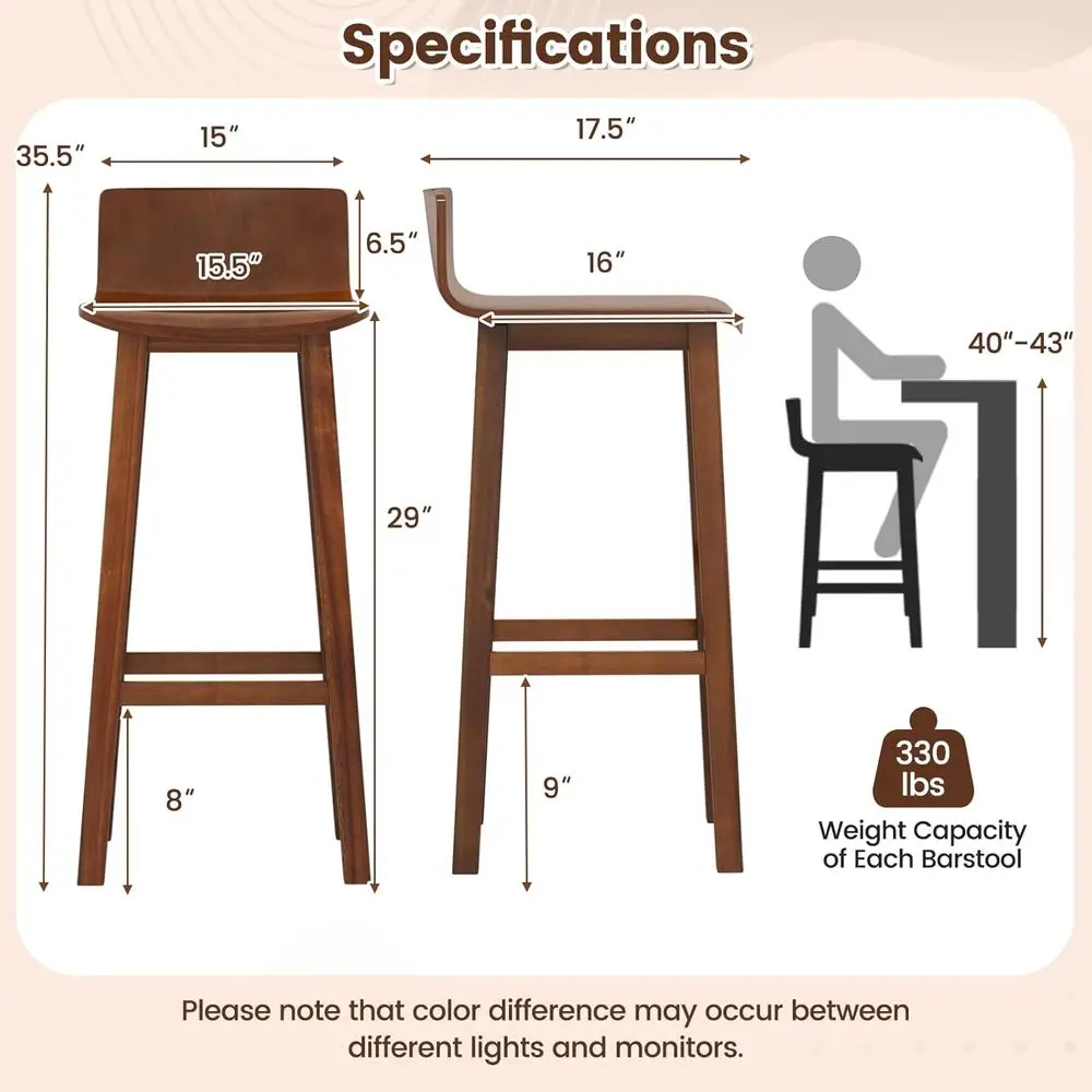 Solid Wood Bar Stools Set o 2, 29-inch Counter Height Chairs with Low Back and ootrest, armhouse Wooden ArmlBarstools or Kitchen view 3