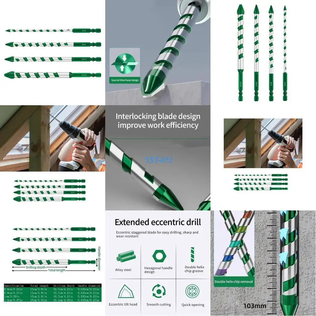 E15A 고강도 베벨 특수 편심 트위스트 드릴 비트 세트 돌/유리/대리석/타일 6/8/10/12mm 용 4Pcs 비트 세트