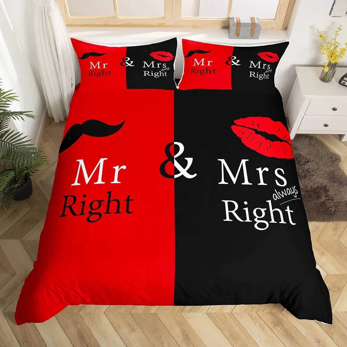 

Funny Creative Mr & Mrs Duvet Cover - Black and Red, Love Man Mustache & Woman Lip Design, Twin Size