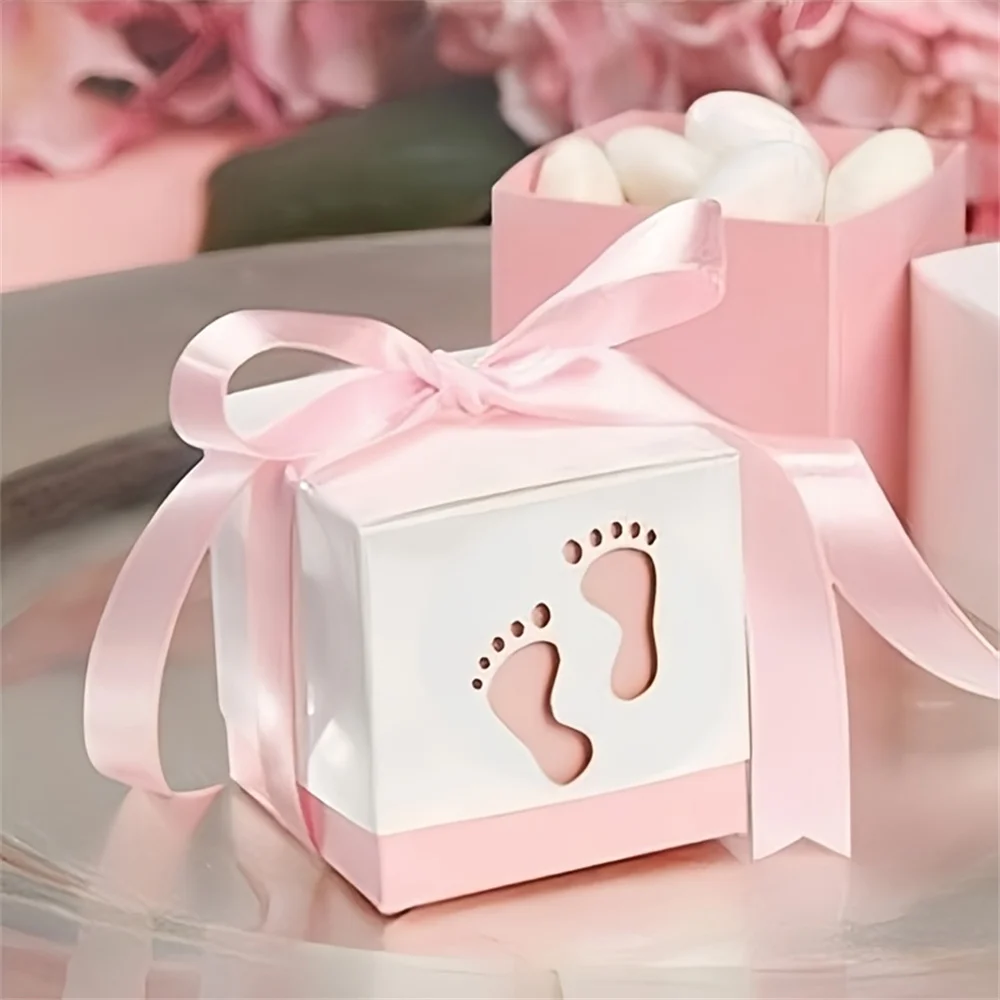 Caja de dulces con huella de 15 Uds con cinta, caja de regalo para fiesta reveladora de género azul y rosa con bonito patrón de huella