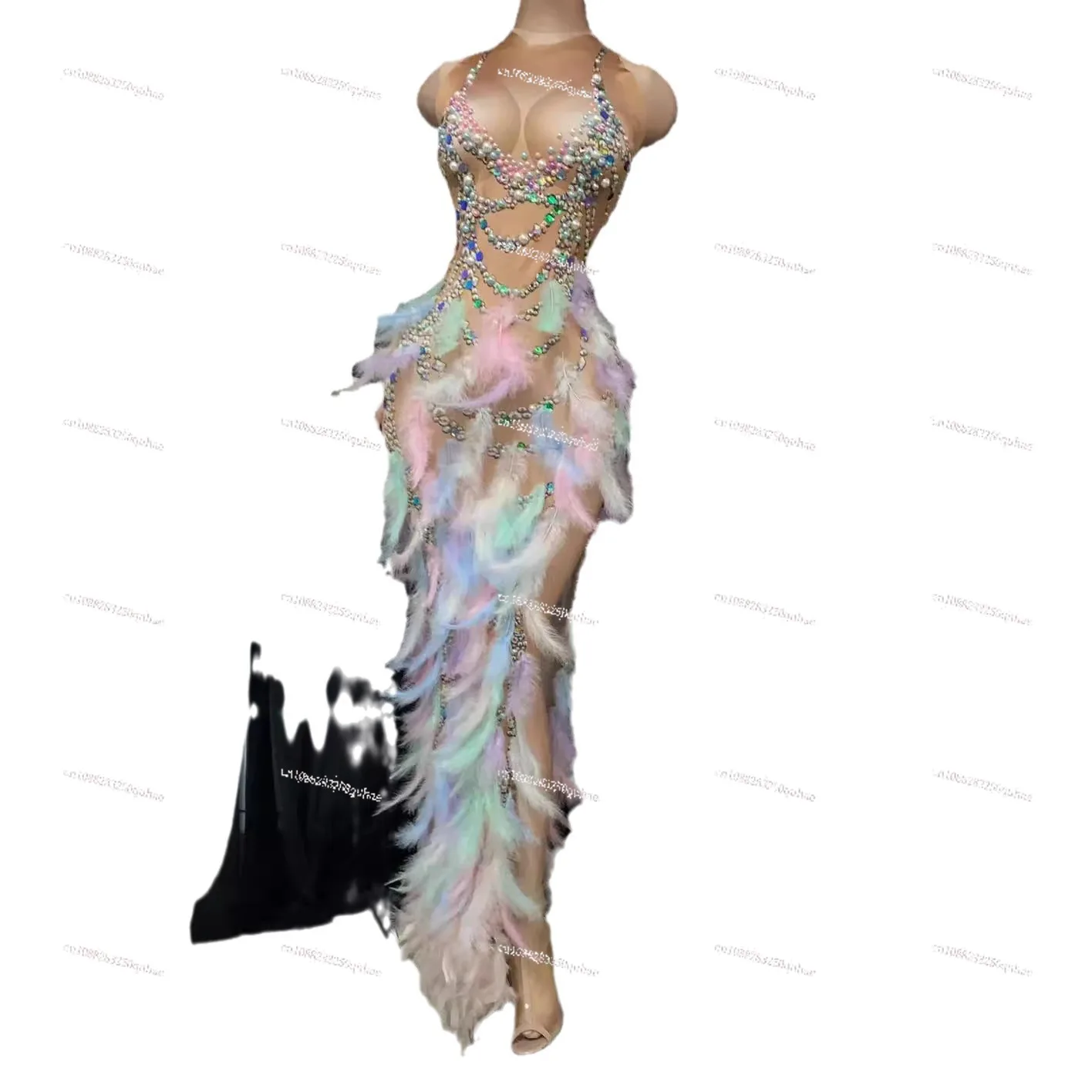 

Singer host model colorful feather rhinestone stretch hip wrap dress evening dress stage adult performance clothes