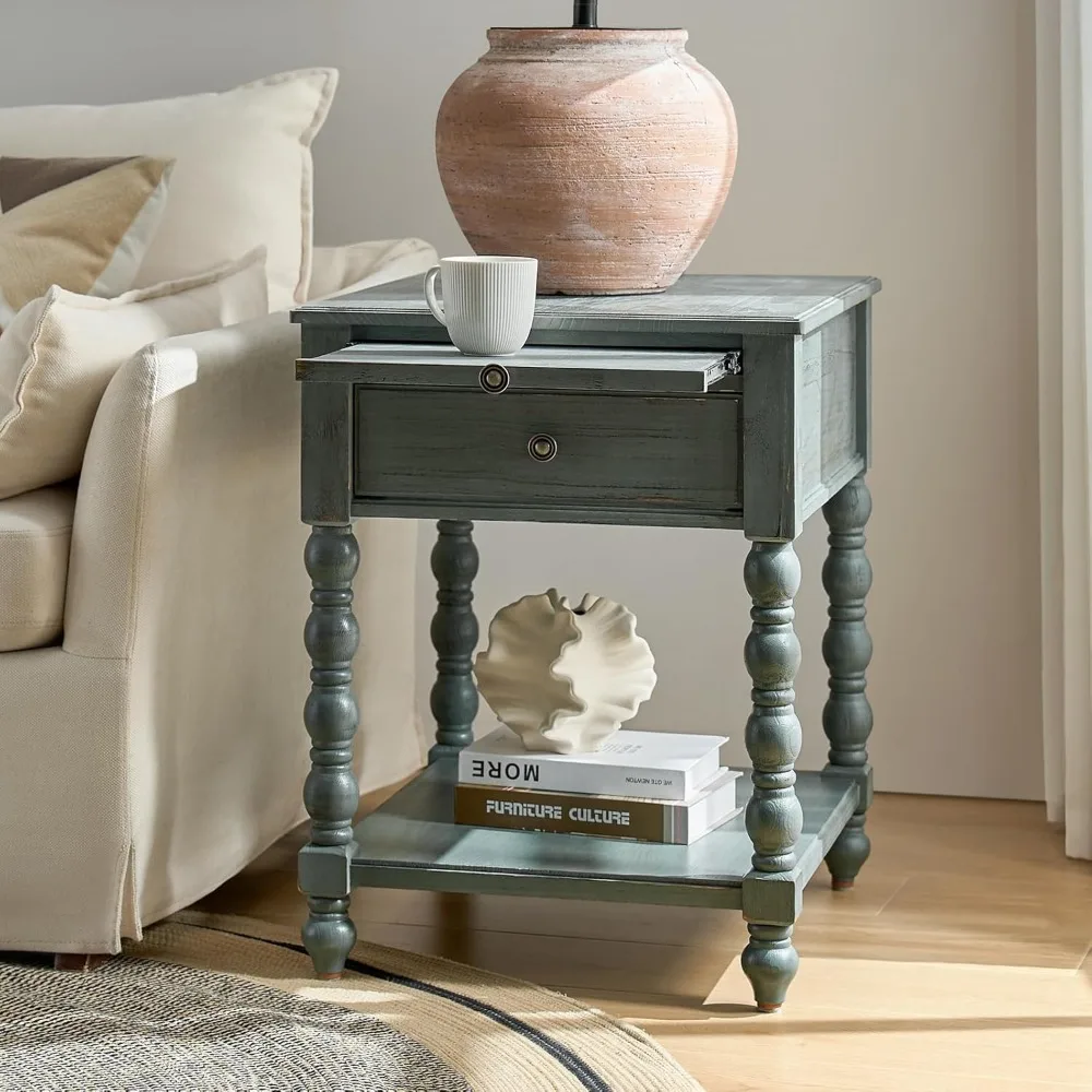 Farmhouse End Table with Charging Station, Solid Wood Nightstand with Drawer Shelf, Side Table with Pull-Out Shelf (Blue)