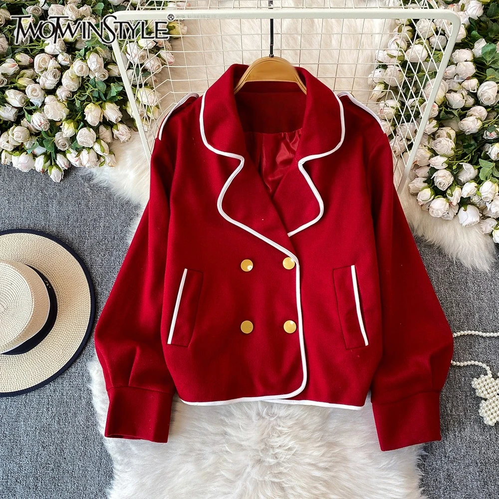TWOTWINSTYLE Korean Style Double Breasted Jackets For Women V Neck Long Sleeve Autumn Elegant Jacket Female Fashion KJA559529